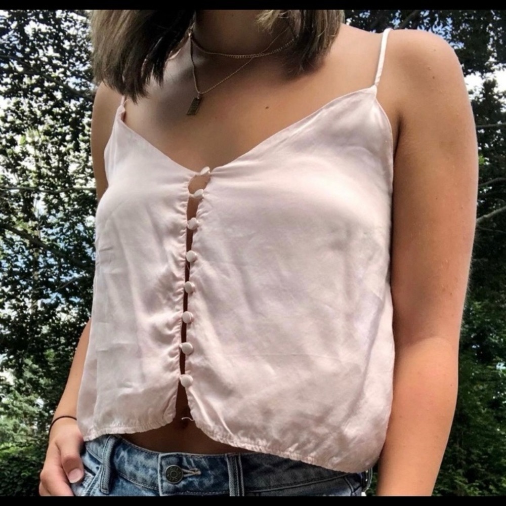 Brandy Melville Silky Baby Pink Button Up Griffin Spaghetti Strap Crop Cami OS
